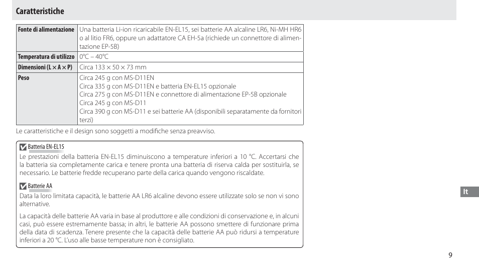 Caratteristiche | Nikon Multi-Power Battery Pack G02 User Manual | Page 135 / 332