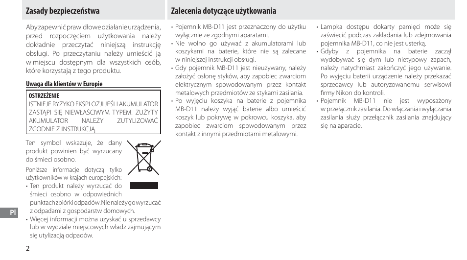 Zasady bezpieczeństwa, Uwaga dla klientów w europie, Zalecenia dotyczące użytkowania | Nikon Multi-Power Battery Pack G02 User Manual | Page 148 / 332