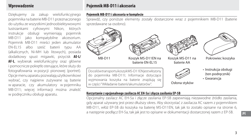 Wprowadzenie, Pojemnik mb-d11 i akcesoria, Pojemnik mb-d11 i akcesoria w komplecie | Nikon Multi-Power Battery Pack G02 User Manual | Page 149 / 332