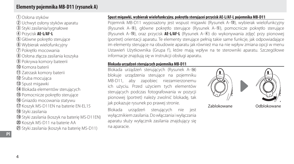 Elementy pojemnika mb-d11, Blokada urządzeń sterujących pojemnika mb-d11, Elementy pojemnika mb-d11 (rysunek a) | Nikon Multi-Power Battery Pack G02 User Manual | Page 150 / 332