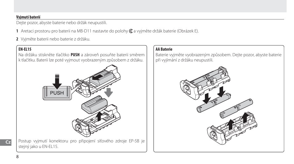 Vyjmutí baterií | Nikon Multi-Power Battery Pack G02 User Manual | Page 164 / 332