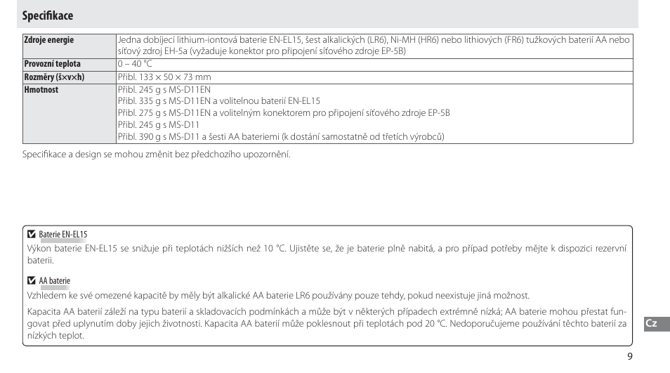 Specifikace, Specifi kace | Nikon Multi-Power Battery Pack G02 User Manual | Page 165 / 332