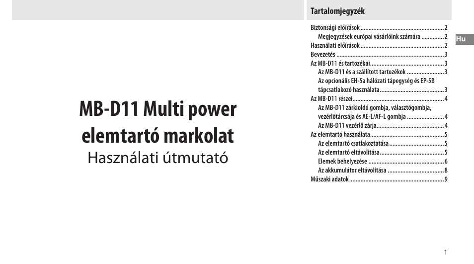 Tartalomjegyzék, Mb-d11 multi power elemtartó markolat, Használati útmutató | Nikon Multi-Power Battery Pack G02 User Manual | Page 167 / 332
