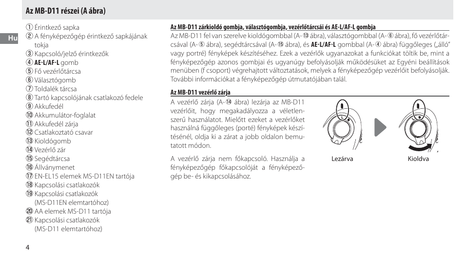 Az mb-d11 részei, Az mb-d11 vezérlő zárja, Az mb-d11 részei (a ábra) | Nikon Multi-Power Battery Pack G02 User Manual | Page 170 / 332