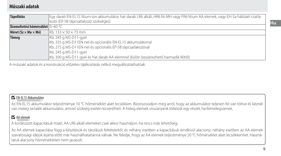 Műszaki adatok | Nikon Multi-Power Battery Pack G02 User Manual | Page 175 / 332