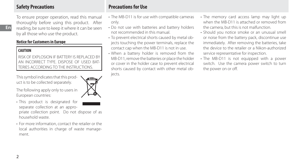 Safety precautions, Notice for customers in europe, Precautions for use | Nikon Multi-Power Battery Pack G02 User Manual | Page 18 / 332