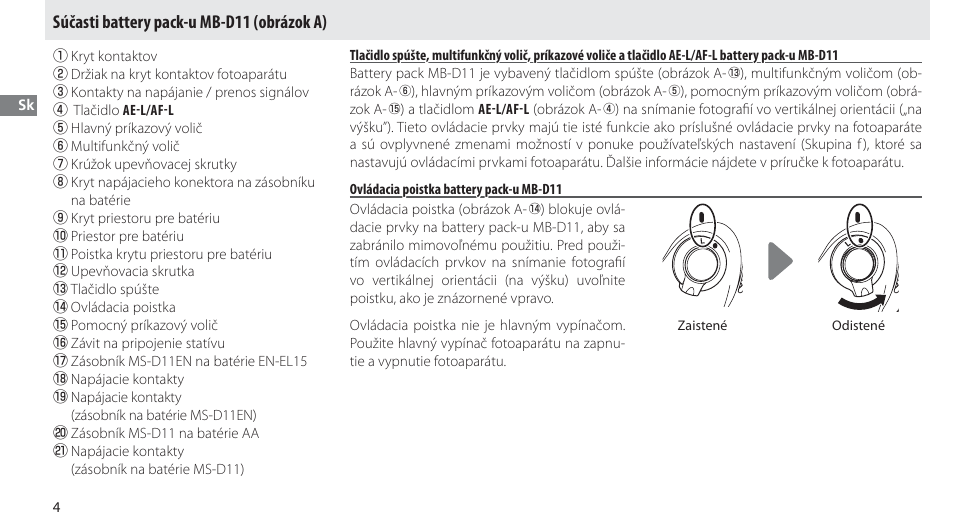 Súčasti battery pack-u mb-d11, Ovládacia poistka battery pack-u mb-d11, Súčasti battery pack-u mb-d11 (obrázok a) | Nikon Multi-Power Battery Pack G02 User Manual | Page 180 / 332