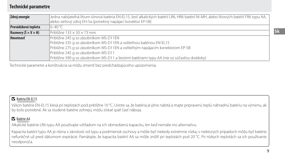 Technické parametre | Nikon Multi-Power Battery Pack G02 User Manual | Page 185 / 332