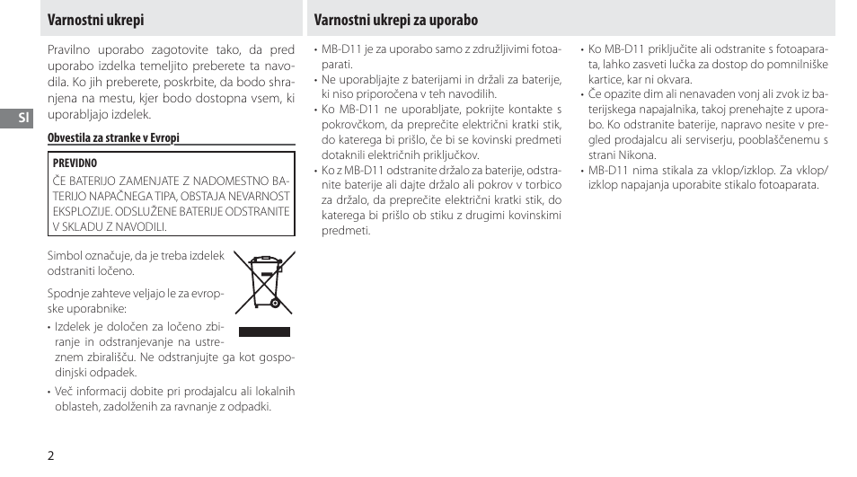 Varnostni ukrepi, Obvestila za stranke v evropi, Varnostni ukrepi za uporabo | Nikon Multi-Power Battery Pack G02 User Manual | Page 188 / 332