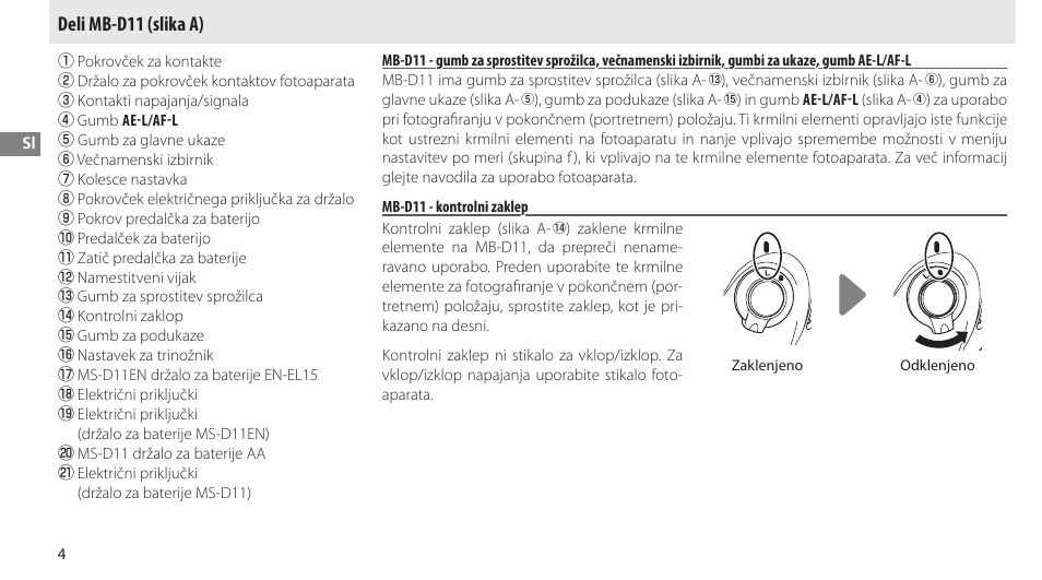Deli mb-d11, Mb-d11 - kontrolni zaklep, Deli mb-d11 (slika a) | Nikon Multi-Power Battery Pack G02 User Manual | Page 190 / 332
