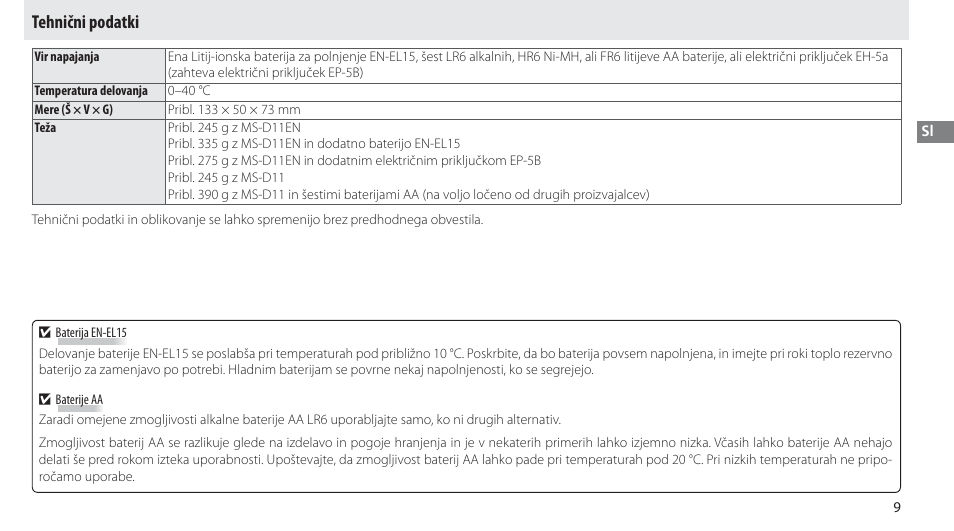 Tehnični podatki | Nikon Multi-Power Battery Pack G02 User Manual | Page 195 / 332
