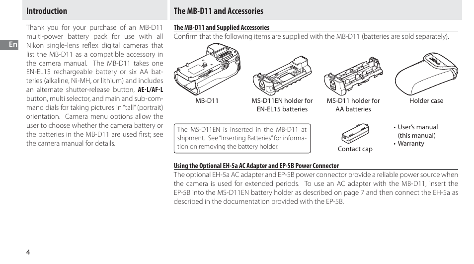 Introduction, The mb-d11 and accessories, The mb-d11 and supplied accessories | Introduction the mb-d11 and accessories | Nikon Multi-Power Battery Pack G02 User Manual | Page 20 / 332