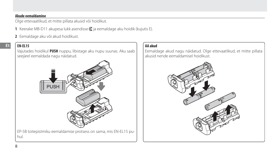 Akude eemaldamine | Nikon Multi-Power Battery Pack G02 User Manual | Page 204 / 332