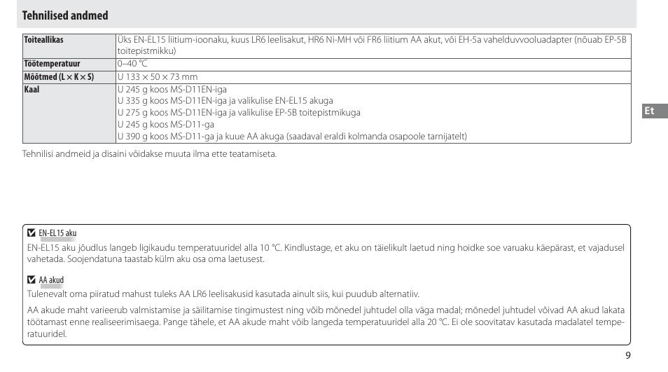 Tehnilised andmed | Nikon Multi-Power Battery Pack G02 User Manual | Page 205 / 332