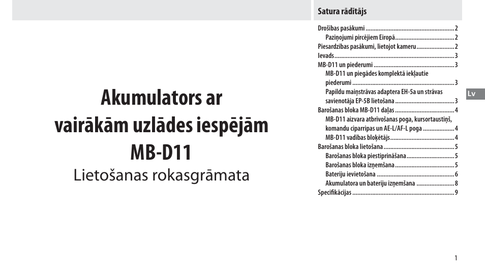 Satura rādītājs, Akumulators ar vairākām uzlādes iespējām mb-d11, Lietošanas rokasgrāmata | Nikon Multi-Power Battery Pack G02 User Manual | Page 207 / 332
