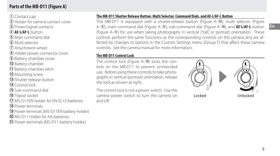 Parts of the mb-d11, The mb-d11 control lock, Parts of the mb-d11 (figure a) | Nikon Multi-Power Battery Pack G02 User Manual | Page 21 / 332