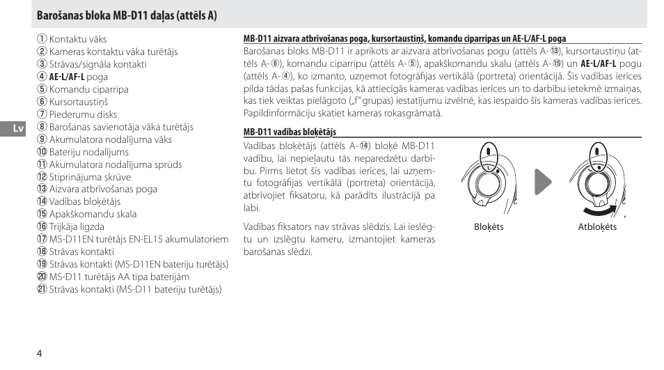 Barošanas bloka mb-d11 daļas, Mb-d11 vadības bloķētājs, Barošanas bloka mb-d11 daļas (attēls a) | Nikon Multi-Power Battery Pack G02 User Manual | Page 210 / 332