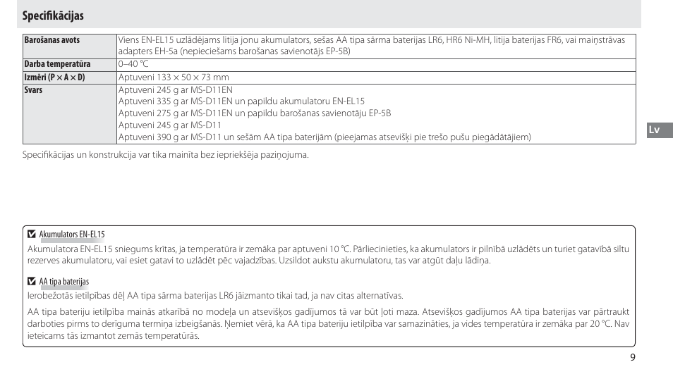 Specifikācijas, Specifi kācijas | Nikon Multi-Power Battery Pack G02 User Manual | Page 215 / 332