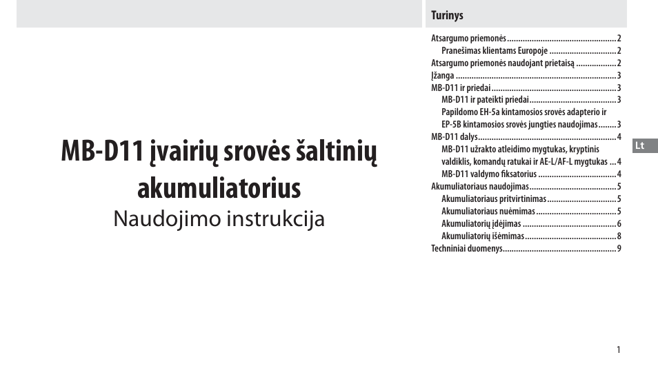 Turinys, Mb-d11 įvairių srovės šaltinių akumuliatorius, Naudojimo instrukcija | Nikon Multi-Power Battery Pack G02 User Manual | Page 217 / 332