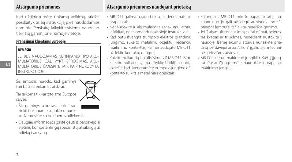 Atsargumo priemonės, Pranešimai klientams europoje, Atsargumo priemonės naudojant prietaisą | Nikon Multi-Power Battery Pack G02 User Manual | Page 218 / 332
