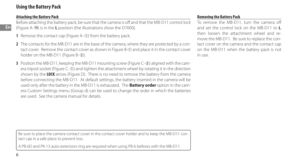 Using the battery pack, Attaching the battery pack, Removing the battery pack | Nikon Multi-Power Battery Pack G02 User Manual | Page 22 / 332