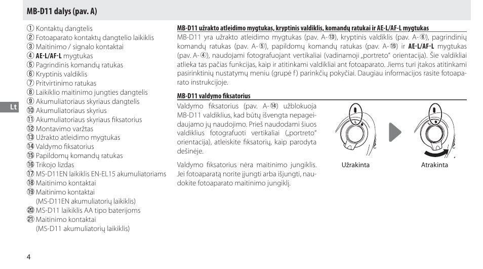 Mb-d11 dalys, Mb-d11 valdymo fiksatorius, Mb-d11 dalys (pav. a) | Nikon Multi-Power Battery Pack G02 User Manual | Page 220 / 332