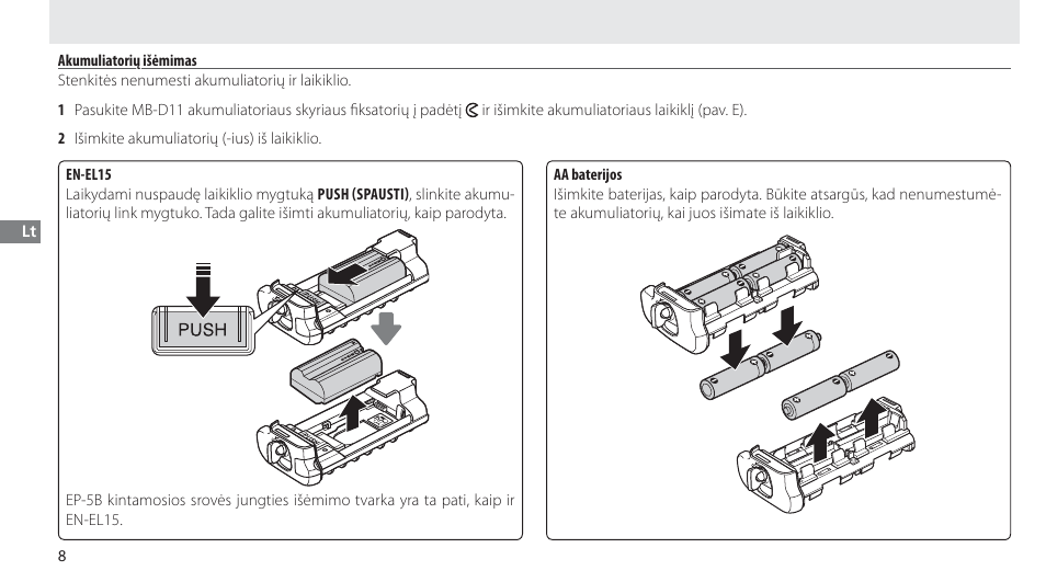 Akumuliatorių išėmimas | Nikon Multi-Power Battery Pack G02 User Manual | Page 224 / 332
