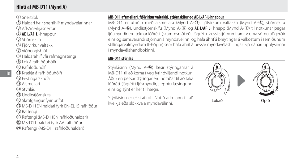 Hluti af mb-d11, Mb-d11 stýrilás, Hluti af mb-d11 (mynd a) | Nikon Multi-Power Battery Pack G02 User Manual | Page 230 / 332