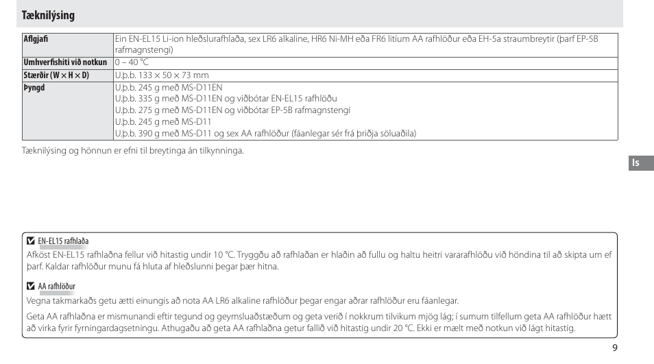 Tæknilýsing | Nikon Multi-Power Battery Pack G02 User Manual | Page 235 / 332