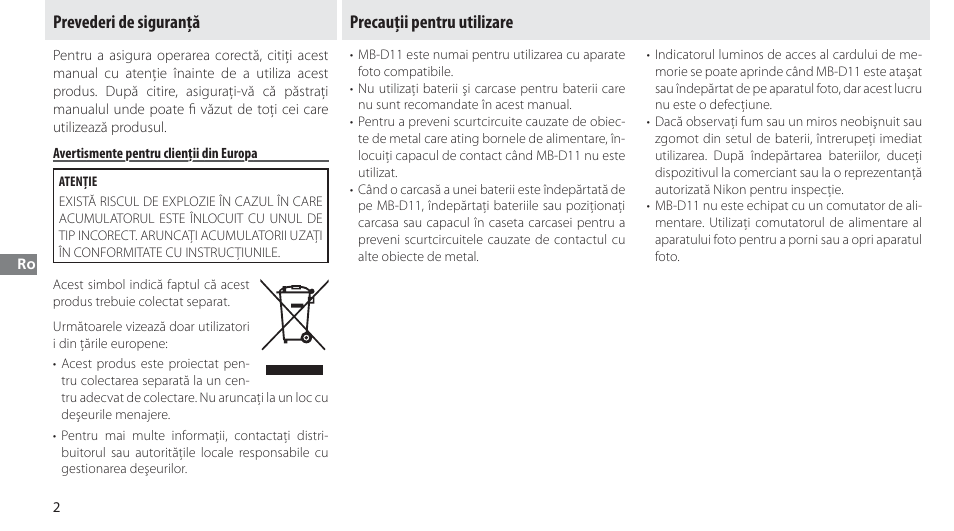 Prevederi de siguranţă, Avertismente pentru clienţii din europa, Precauţii pentru utilizare | Nikon Multi-Power Battery Pack G02 User Manual | Page 238 / 332