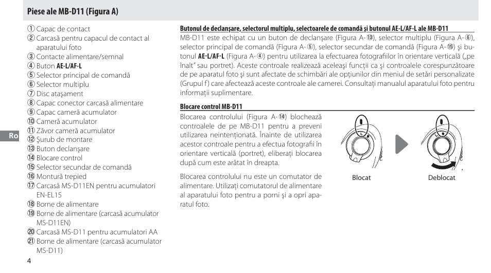 Piese ale mb-d11, Blocare control mb-d11, Piese ale mb-d11 (figura a) | Nikon Multi-Power Battery Pack G02 User Manual | Page 240 / 332