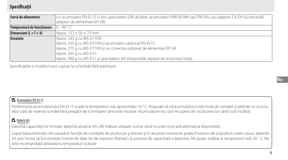 Specificaţii, Specifi caţii | Nikon Multi-Power Battery Pack G02 User Manual | Page 245 / 332