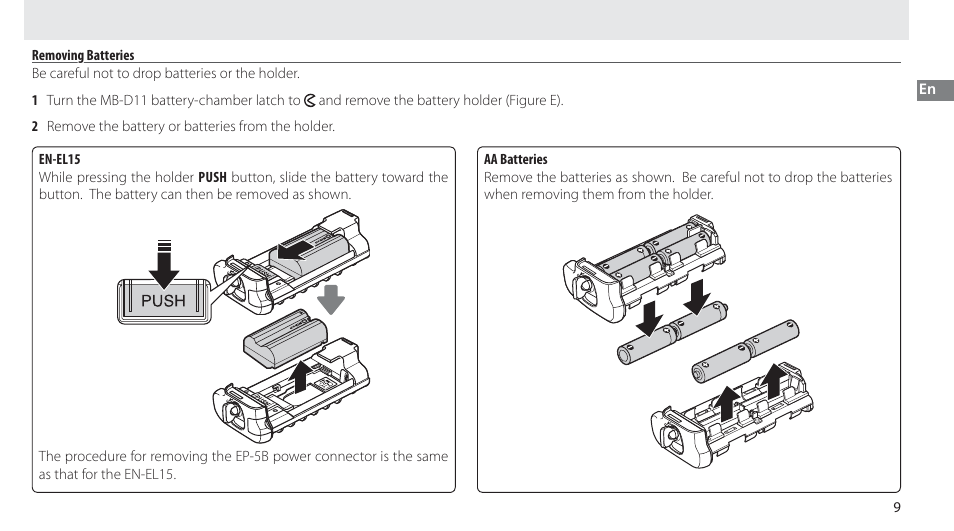 Removing batteries | Nikon Multi-Power Battery Pack G02 User Manual | Page 25 / 332