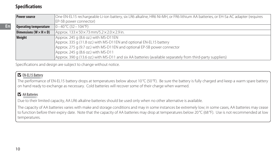 Specifications, Specifi cations | Nikon Multi-Power Battery Pack G02 User Manual | Page 26 / 332