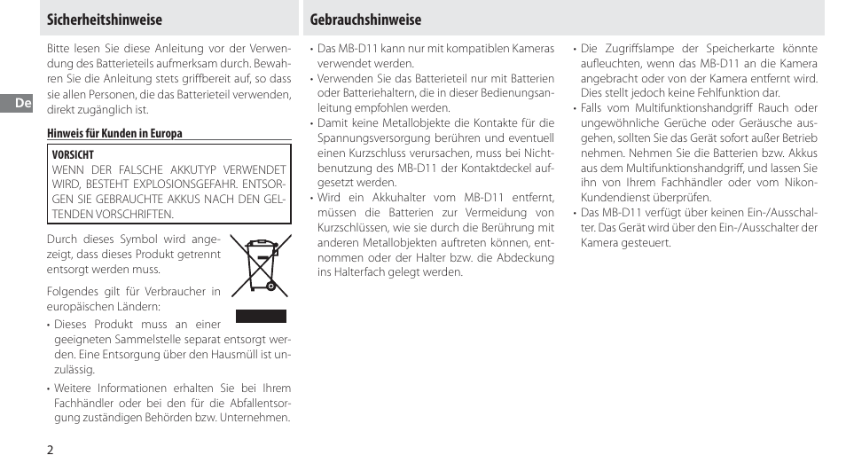 Sicherheitshinweise, Hinweis für kunden in europa, Gebrauchshinweise | Nikon Multi-Power Battery Pack G02 User Manual | Page 28 / 332