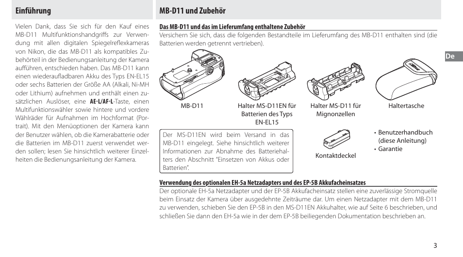 Einführung, Mb-d11 und zubehör | Nikon Multi-Power Battery Pack G02 User Manual | Page 29 / 332