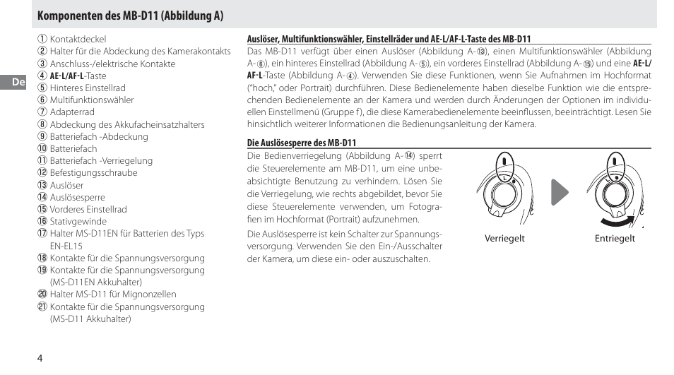 Komponenten des mb-d11, Die auslösesperre des mb-d11, Komponenten des mb-d11 (abbildung a) | Nikon Multi-Power Battery Pack G02 User Manual | Page 30 / 332