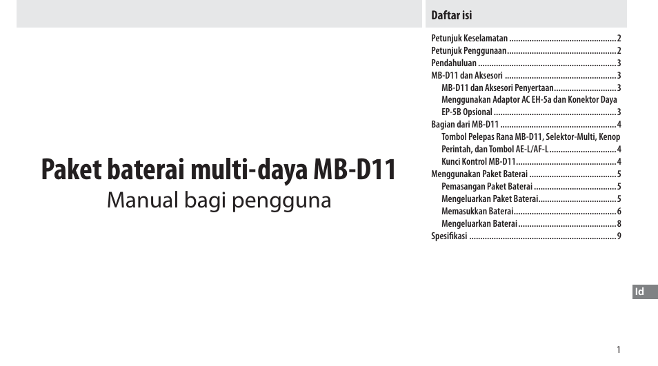 Daftar isi, Paket baterai multi-daya mb-d11, Manual bagi pengguna | Nikon Multi-Power Battery Pack G02 User Manual | Page 303 / 332