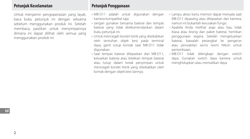 Petunjuk keselamatan, Petunjuk penggunaan | Nikon Multi-Power Battery Pack G02 User Manual | Page 304 / 332