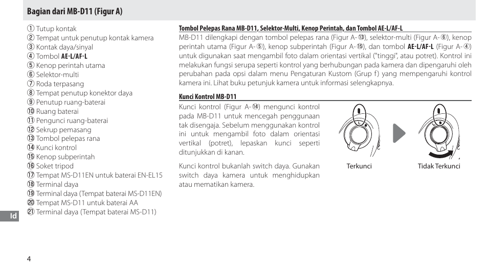 Bagian dari mb-d11, Kunci kontrol mb-d11, Bagian dari mb-d11 (figur a) | Nikon Multi-Power Battery Pack G02 User Manual | Page 306 / 332