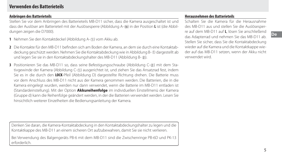 Verwenden des batterieteils, Anbringen des batterieteils, Herausnehmen des batterieteils | Nikon Multi-Power Battery Pack G02 User Manual | Page 31 / 332