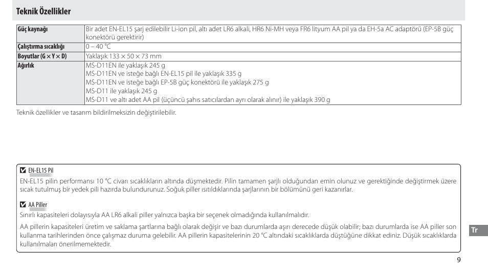 Teknik özellikler | Nikon Multi-Power Battery Pack G02 User Manual | Page 321 / 332