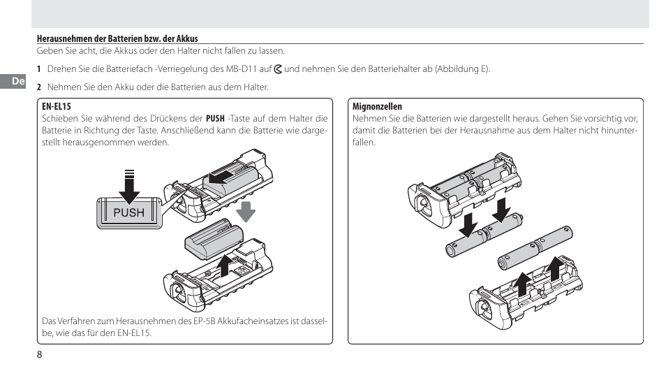 Herausnehmen der batterien bzw. der akkus | Nikon Multi-Power Battery Pack G02 User Manual | Page 34 / 332