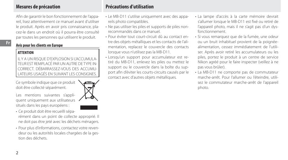 Mesures de précaution, Avis pour les clients en europe, Précautions d’utilisation | Nikon Multi-Power Battery Pack G02 User Manual | Page 38 / 332