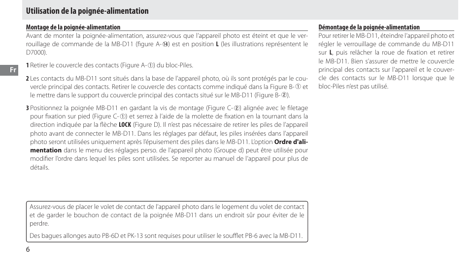 Utilisation de la poignée-alimentation, Montage de la poignée-alimentation, Démontage de la poignée-alimentation | Nikon Multi-Power Battery Pack G02 User Manual | Page 42 / 332