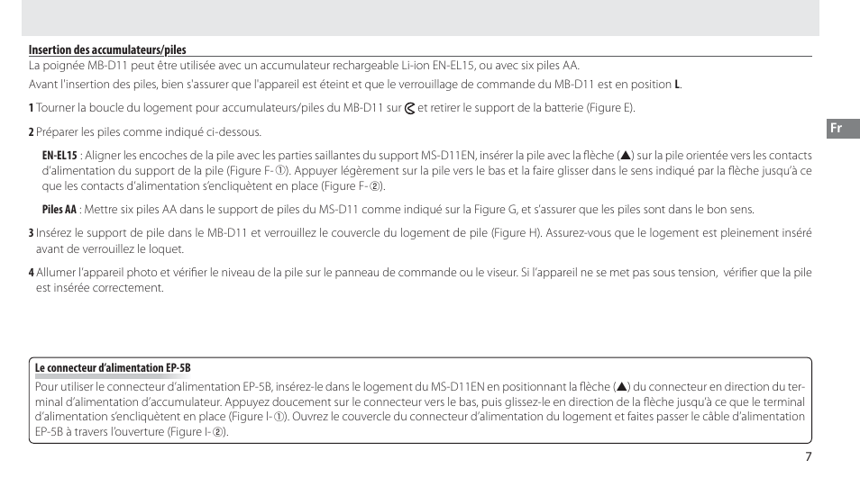 Insertion des insertion des accumulateurs/piles | Nikon Multi-Power Battery Pack G02 User Manual | Page 43 / 332