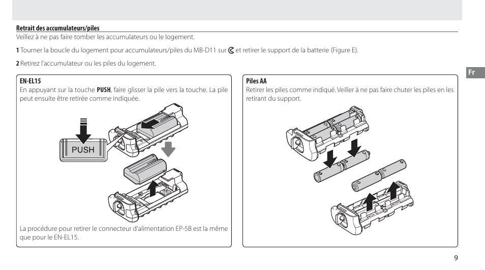 Retrait des retrait des accumulateurs/piles | Nikon Multi-Power Battery Pack G02 User Manual | Page 45 / 332