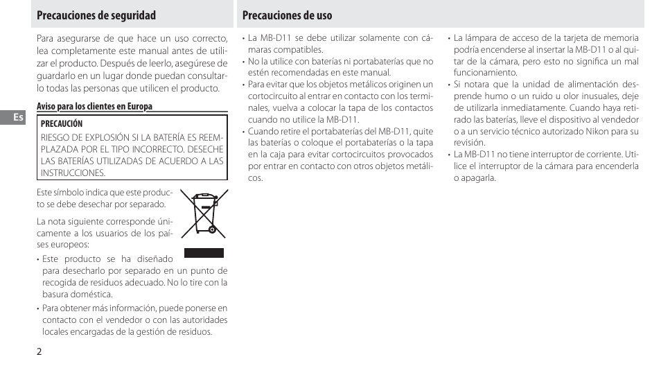 Precauciones de seguridad, Aviso para los clientes en europa, Precauciones de uso | Nikon Multi-Power Battery Pack G02 User Manual | Page 48 / 332