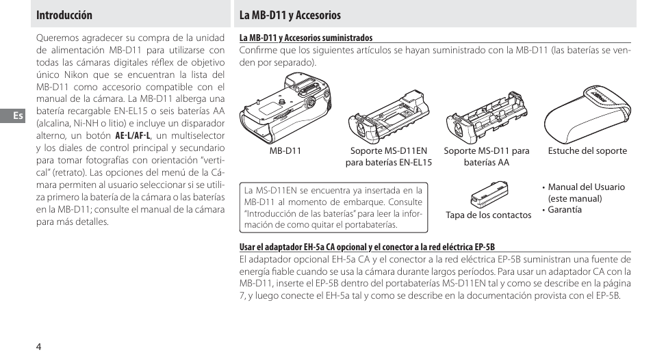Introducción, La mb-d11 y accesorios, La mb-d11 y accesorios suministrados | Nikon Multi-Power Battery Pack G02 User Manual | Page 50 / 332