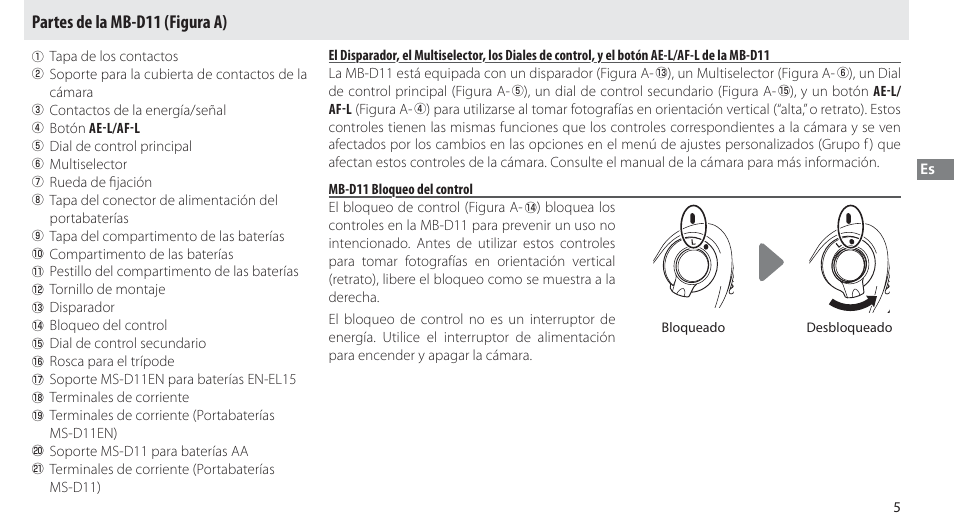 Partes de la mb-d11, Mb-d11 bloqueo del control, Partes de la mb-d11 (figura a) | Nikon Multi-Power Battery Pack G02 User Manual | Page 51 / 332